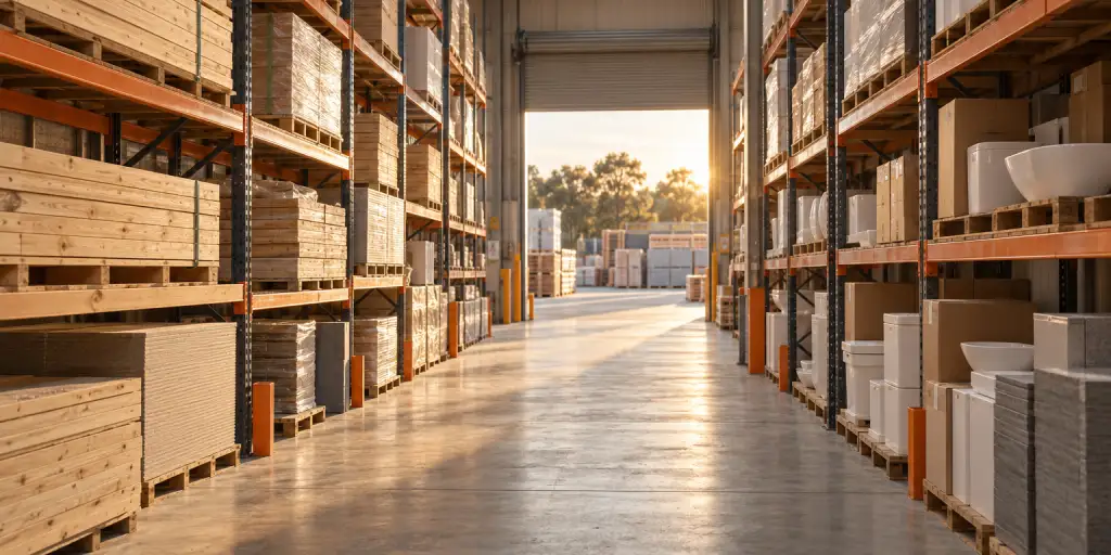 A long warehouse aisle with pallet racking holding timber and boxed building materials