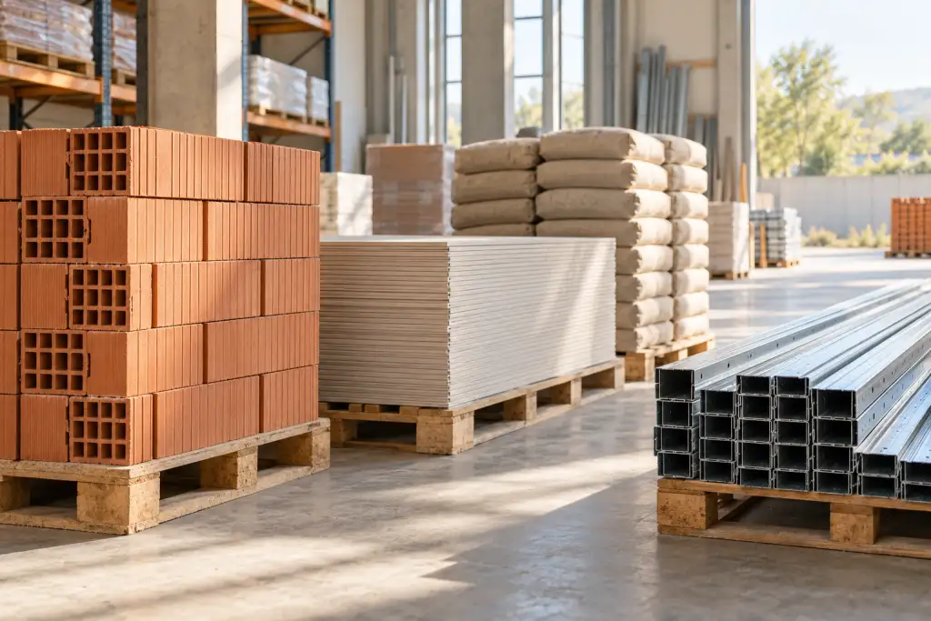 Bricks, plasterboard sheets, cement bags and steel profiles on pallets