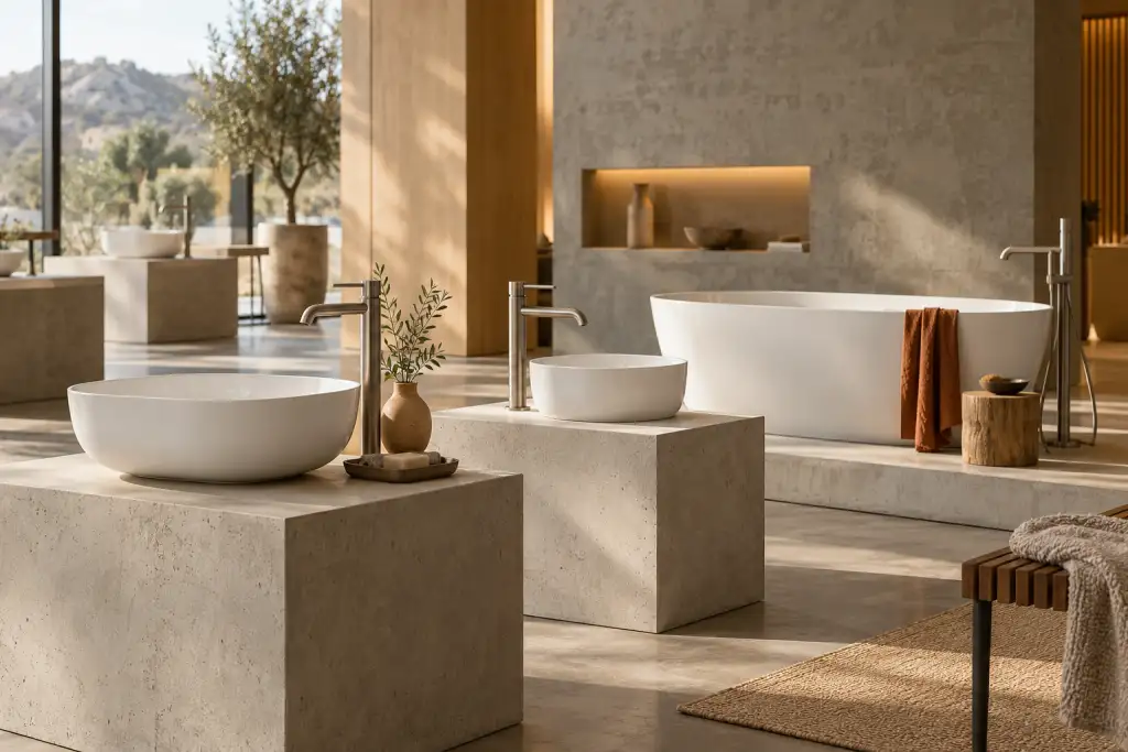White ceramic washbasins, a freestanding bathtub and steel taps on concrete plinths