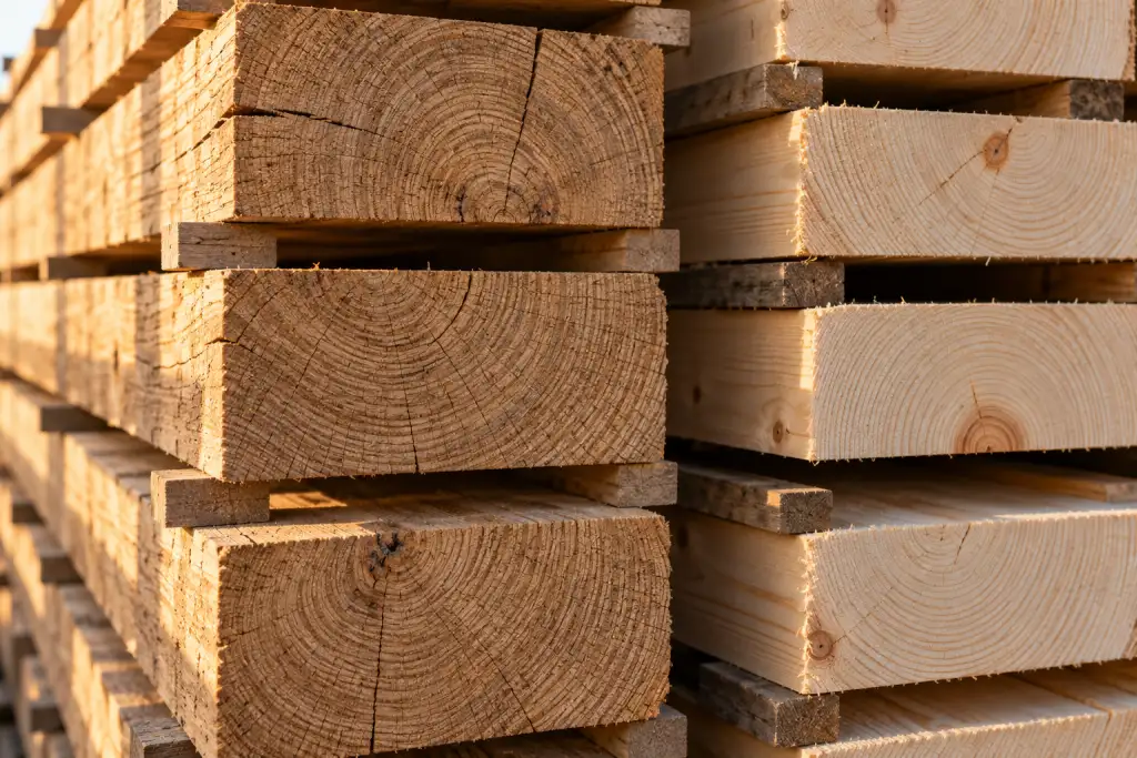 Stacked sawn timber showing the end grain of oak and spruce planks