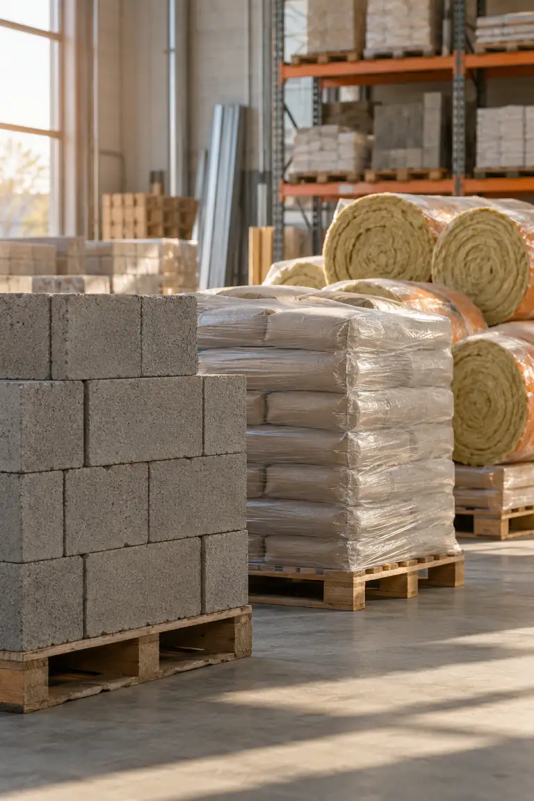 Pallets of concrete blocks, dry mortar bags and insulation rolls in a bright warehouse