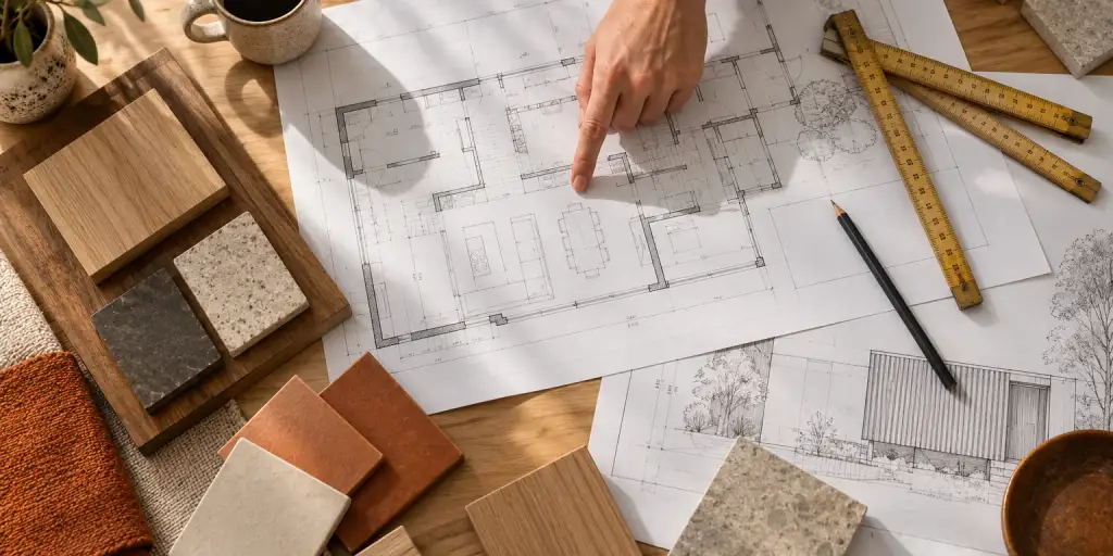 Construction drawings, a folding ruler and material samples on a work table