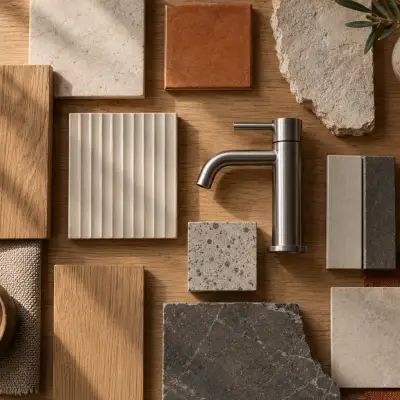 Wood, ceramic tile and stone samples laid out on an oak table