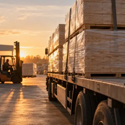 Packs of timber wrapped in film on a flatbed truck at golden hour
