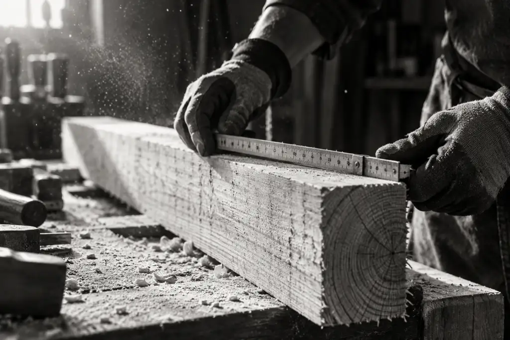 Black and white close-up of gloved hands measuring a freshly cut timber beam